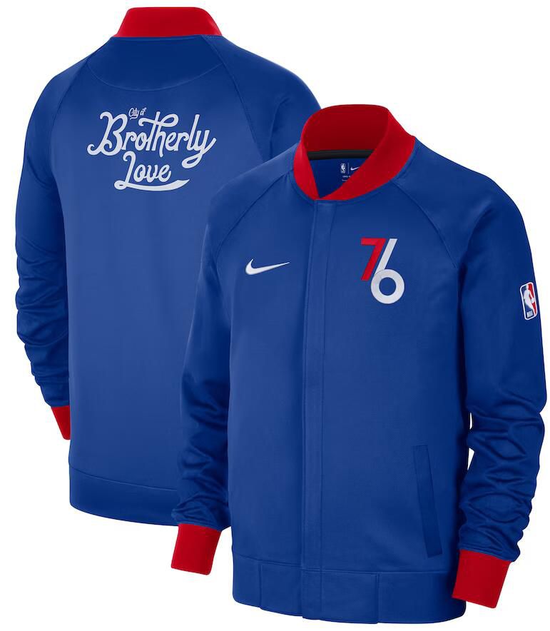 Men Philadelphia 76ers Blue Nike City Edition Full Zip Jacket 2023 NBA Jersey->milwaukee bucks->NBA Jersey